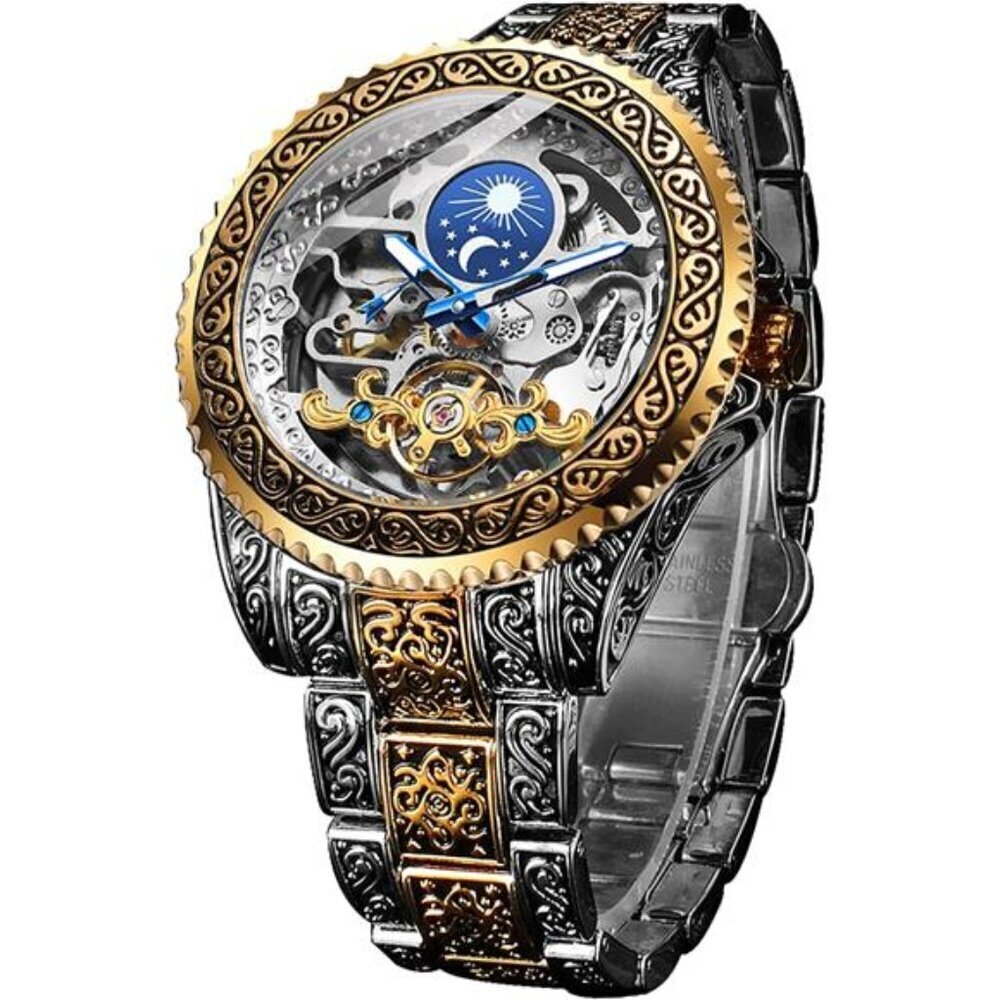 Mechanical Watch For Men Gold Tourbillon Carved Dial